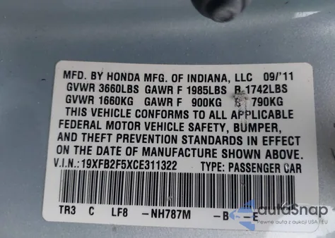 2012 Honda Civic Lx z USA, uszkodzony, nr VIN 19XFB2F5XCE311322